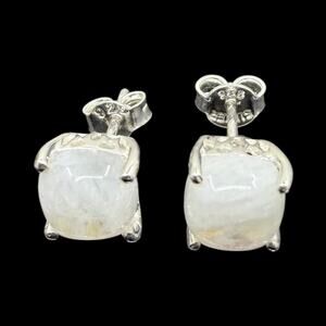 Natural Moonstone Cabochon Stud Earrings 925 Sterling Silver Handmade